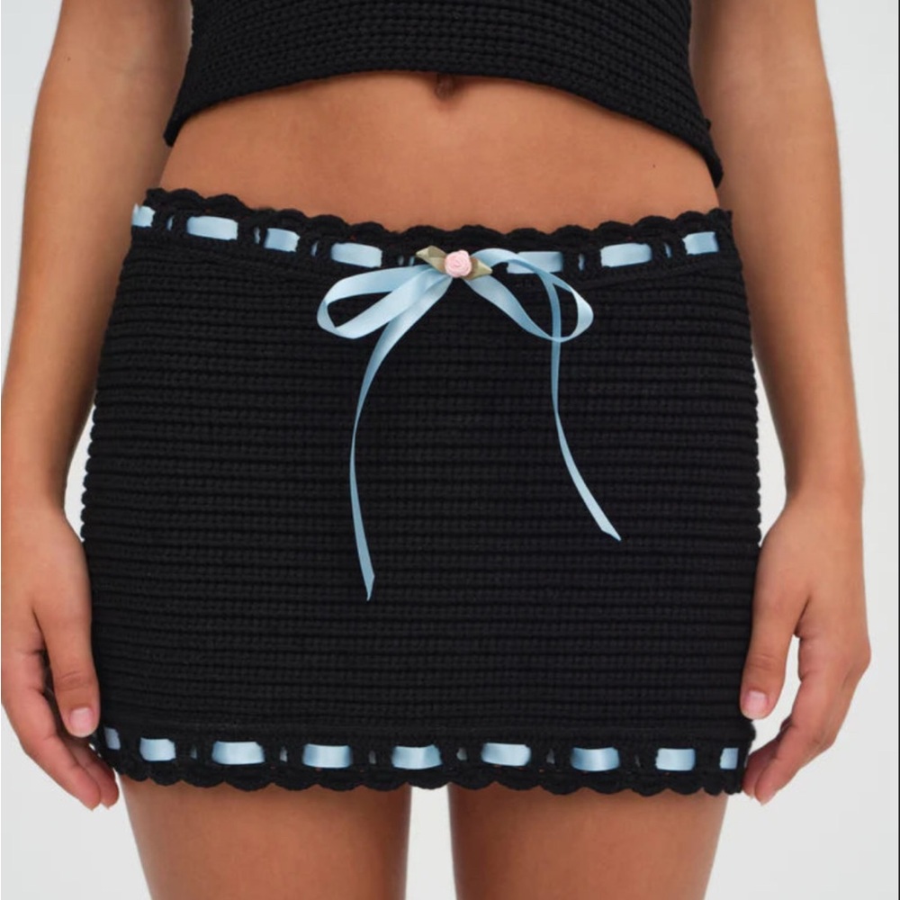 NWT For Love & Lemons Kelsey Black Crochet Mini Skirt with Blue Trim (L - READ)